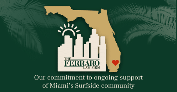 Miami skyline and map of Florida showing The Ferraro Law Firm's support of Surfside